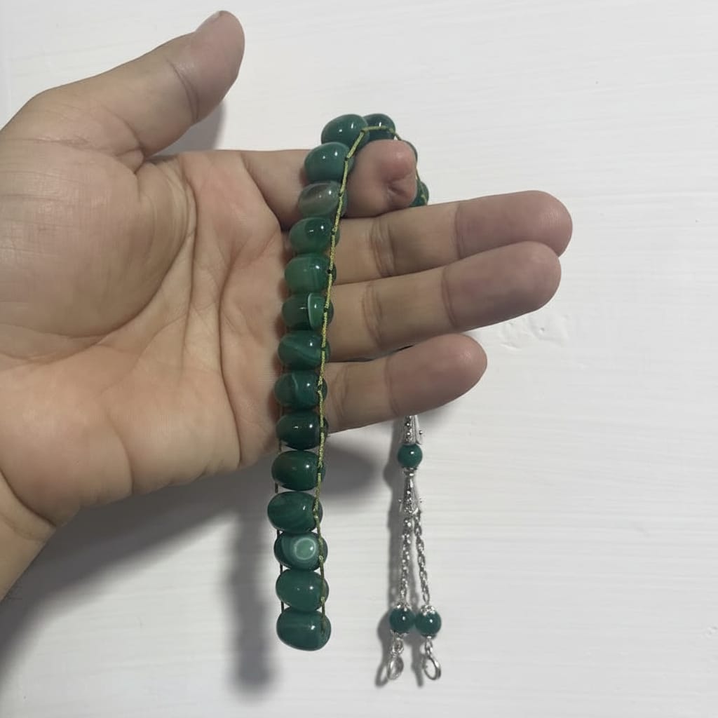 Green Aqeeq Stone Tasbeeh Turkish Style ,with natural bands , 12mm/21 Beads Natural Gem-Stone
