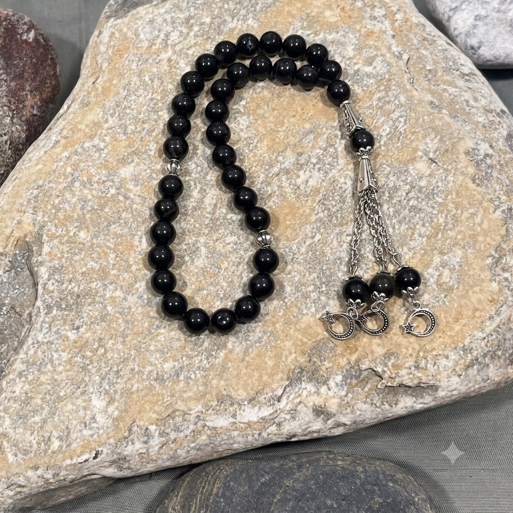 Black Aqeeq Stone Tasbih 8 mm Size / 33 Beads, Natural Original Gem-stone