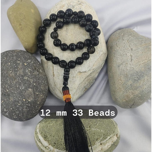 Black Aqeeq Tasbih 12mm/33 Beads, Natural Original Gem-stone