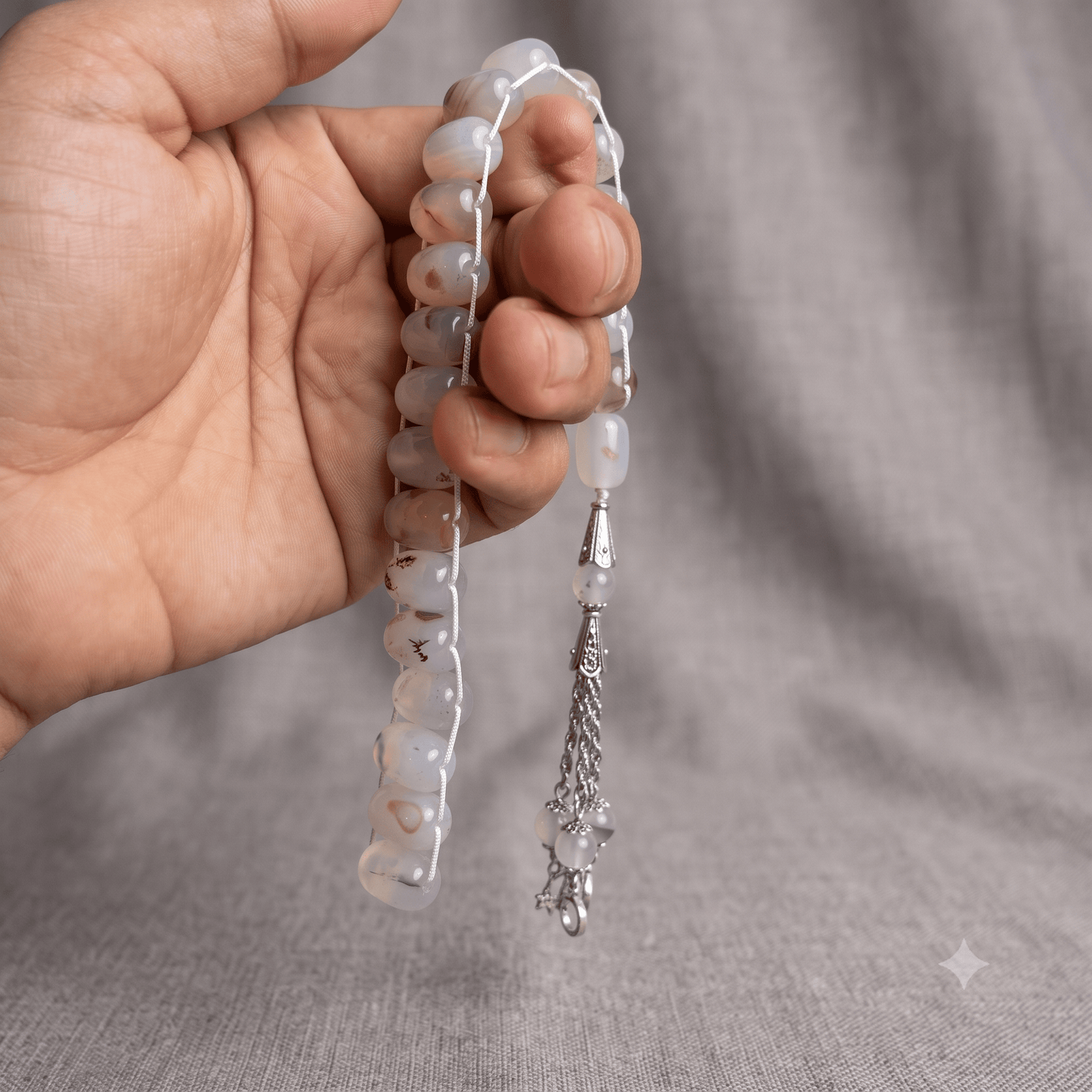 Translucent Milky White Aqeeq Stone Tasbeeh Turkish Style  ,with natural Inclusions,  12mm/21 Beads Natural Gem-stone