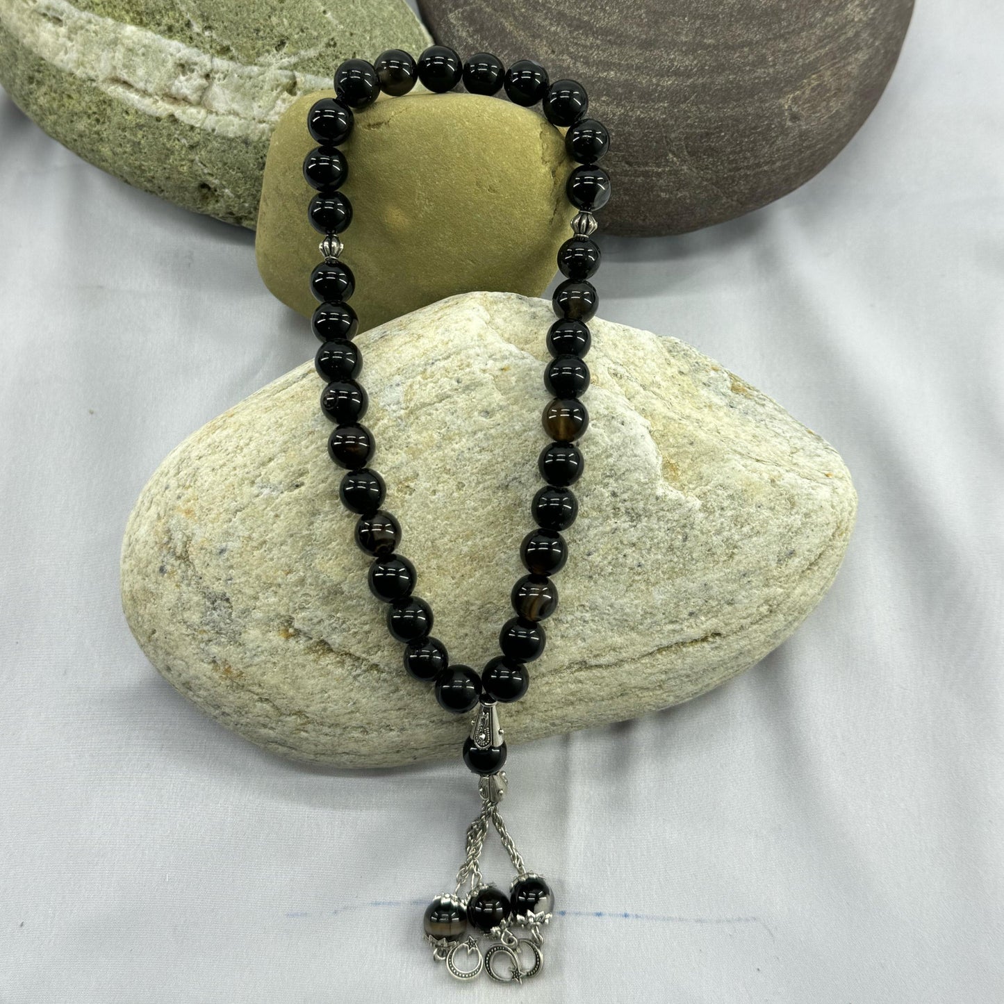 Azadi Sale - Black Aqeeq Tasbih 10mm/33 Beads, Natural Original Gem-stone