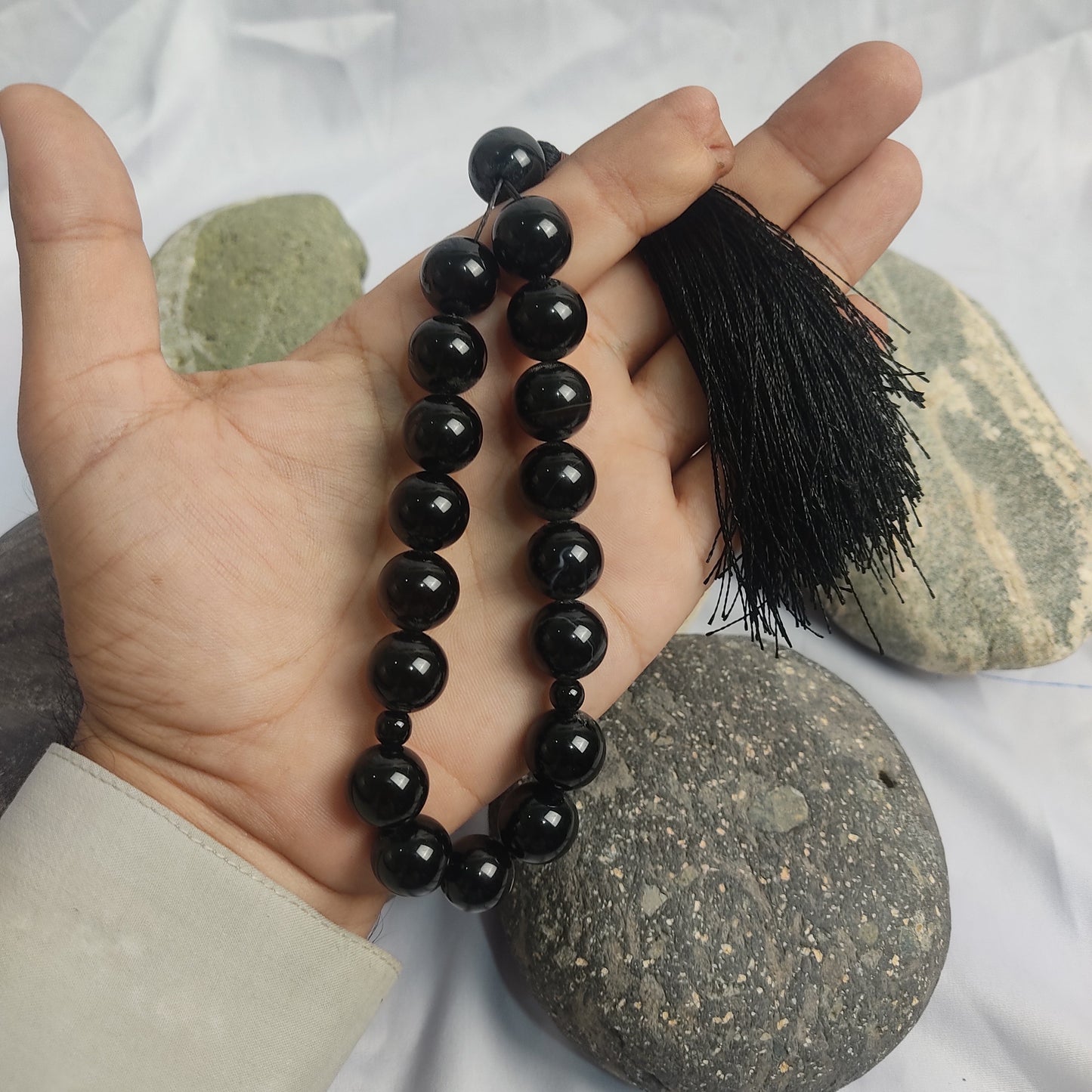 Black Aqeeq Tasbih 14 mm/ 17 Beads, Natural Original Gem-stone