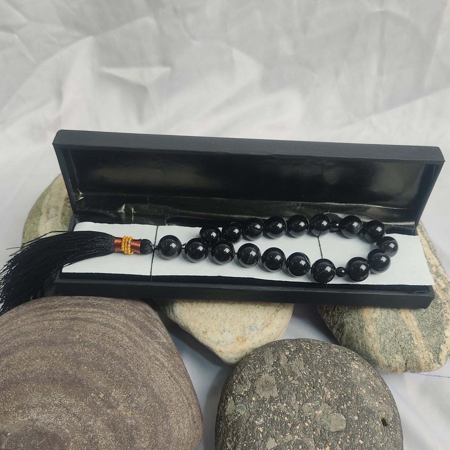 Black Aqeeq Tasbih 14 mm/ 17 Beads, Natural Original Gem-stone