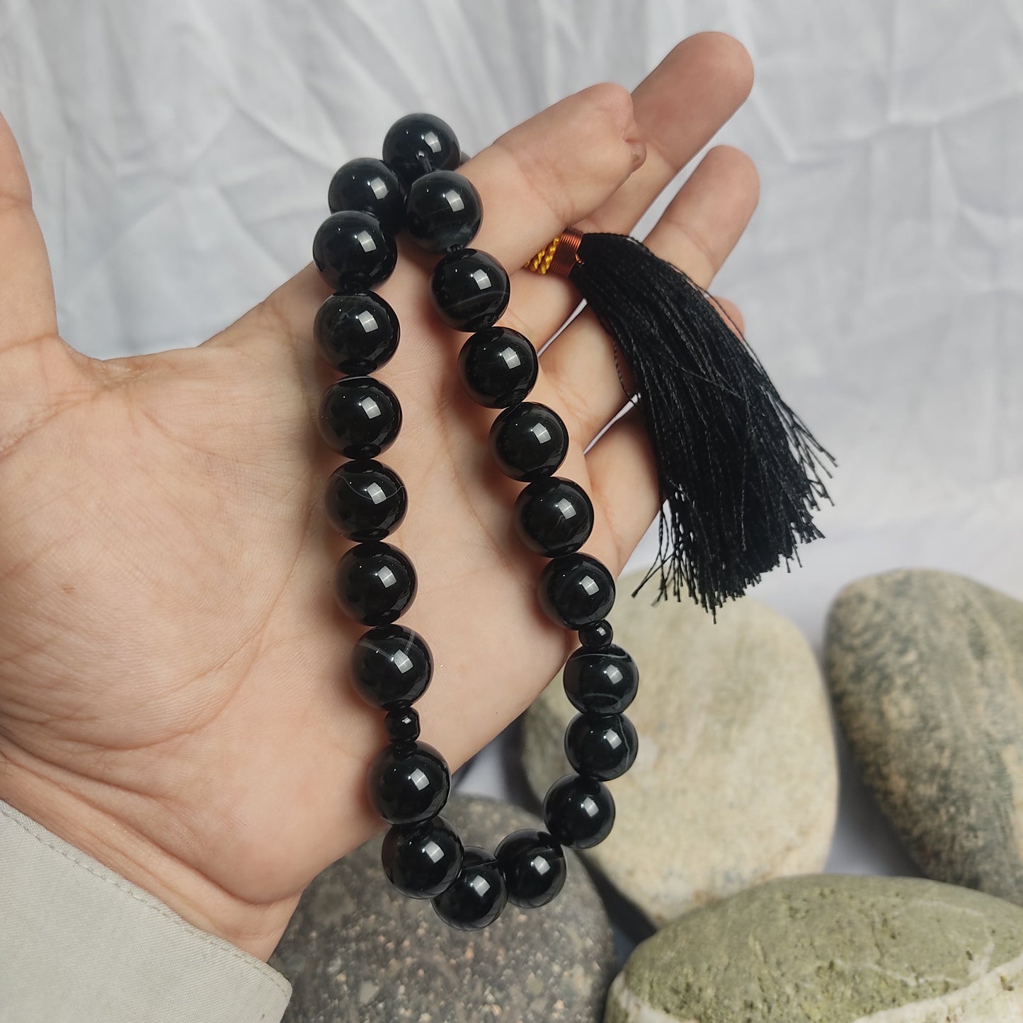 Black Aqeeq Tasbih 14 mm/21 Beads, Natural Original Gem-stone