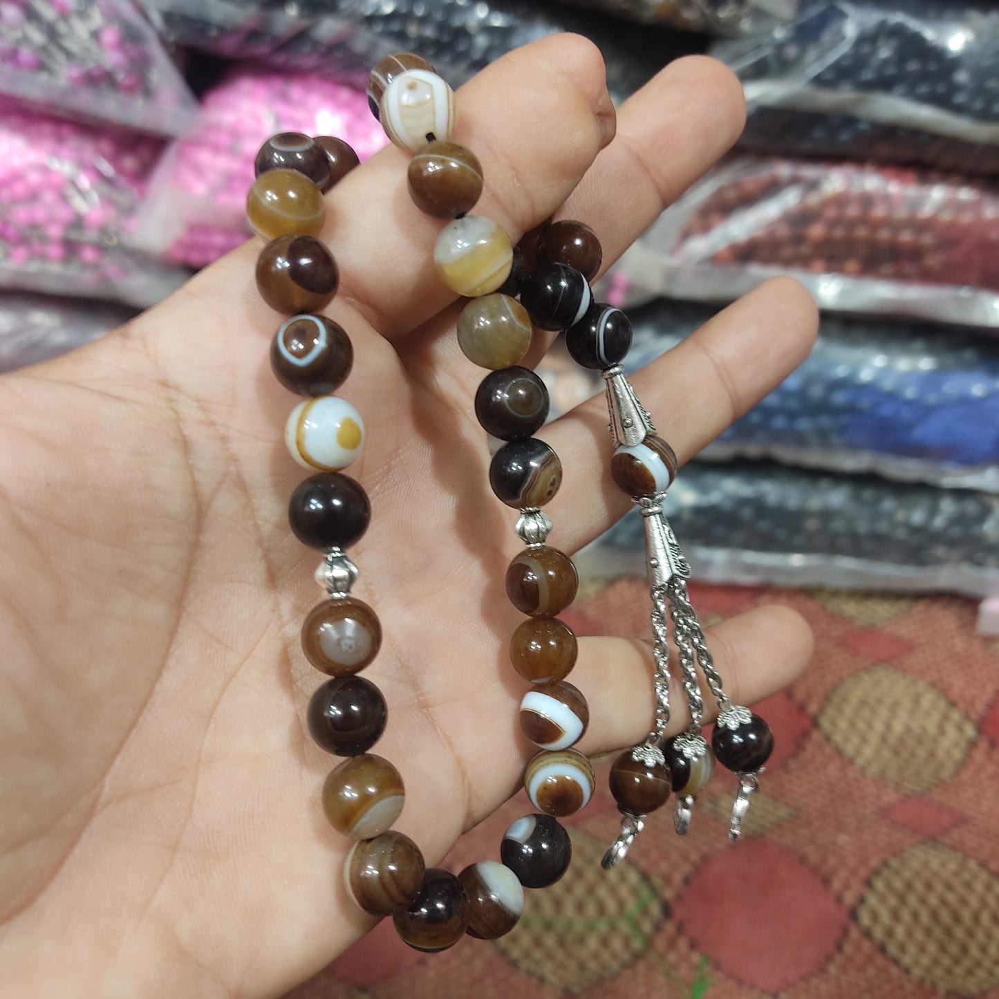 Azadi Sale - Brown Sulaimani Aqeeq Stone Tasbeeh 10mm 33 beads, Natural Original Gem-stone