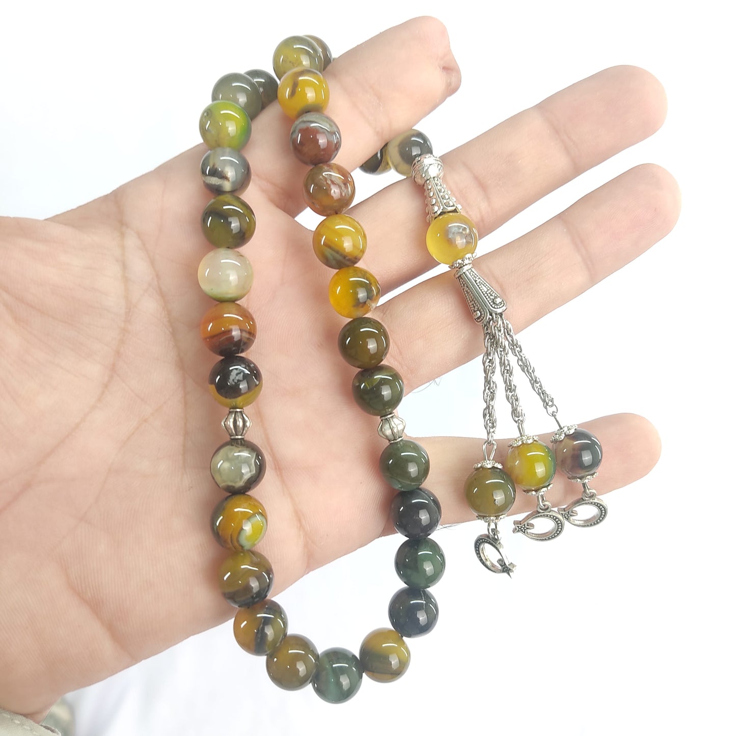 Olive Green Aqeeq Stone Tasbeeh 10mm 33 beads, Natural Original Gem-stone