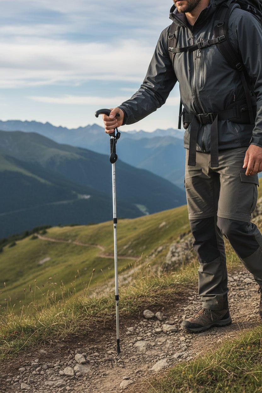 Hiking Stick  -Aluminum -Shock Absorbing Trekking Pole – High-Stability & Durable Support (Silver) T-Shape