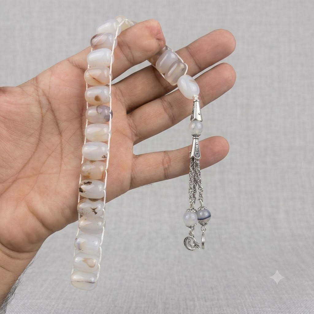 Translucent Milky White Aqeeq Stone Tasbeeh Turkish Style  ,with natural Inclusions,  12mm/21 Beads Natural Gem-stone