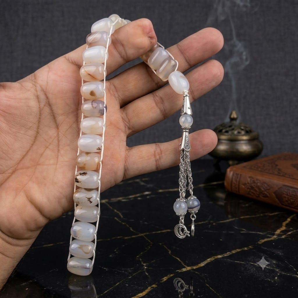Translucent Milky White Aqeeq Stone Tasbeeh Turkish Style  ,with natural Inclusions,  12mm/21 Beads Natural Gem-stone