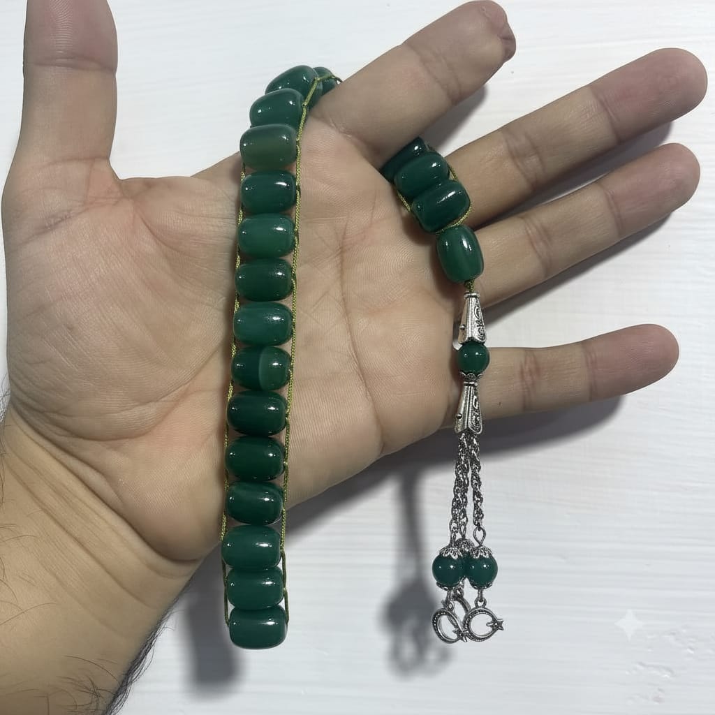 Green  Aqeeq Stone Tasbeeh Turkish Style  ,with natural bands ,  12mm/21 Beads Natural Gem-Stone