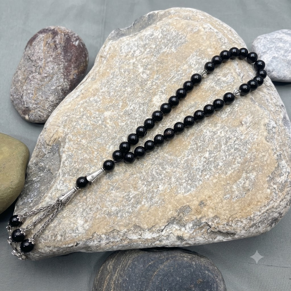Black Aqeeq Stone Tasbih 8 mm Size / 33 Beads, Natural Original Gem-stone