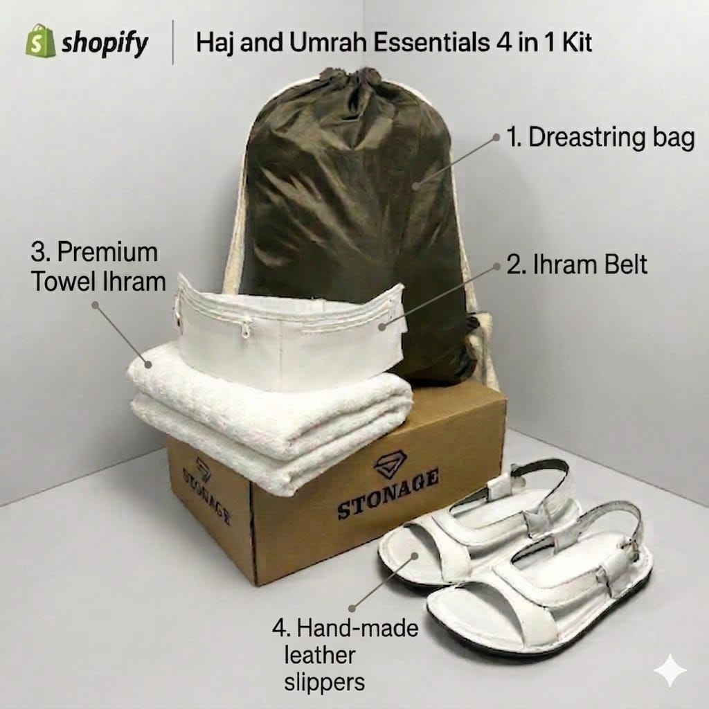 4 in 1, Hajj & Umrah Essentials –( Premium Ihram + Comfort Slipper + Ihram Belt+ Bag )