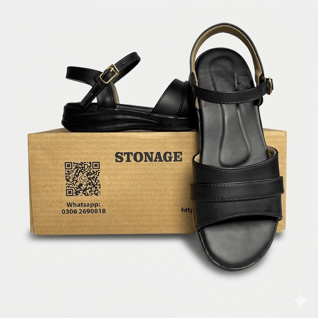 Stonage Exclusive,  Ladies  Hand made , Soft , Lightweight &  Flat, Leather Sandals,  Black Color