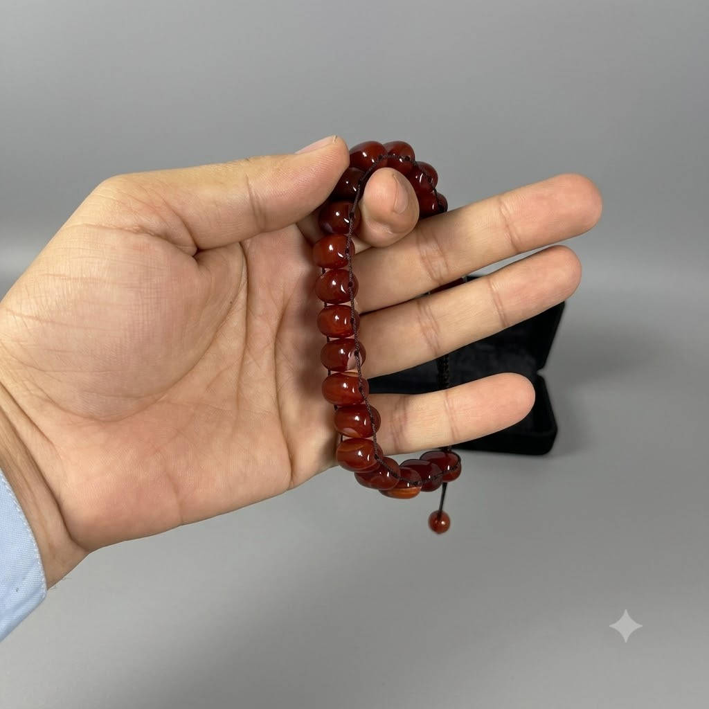 Turkish Round Yamni Red  Aqeeq  Stone Tasbeeh, Natural Original Gem-stone