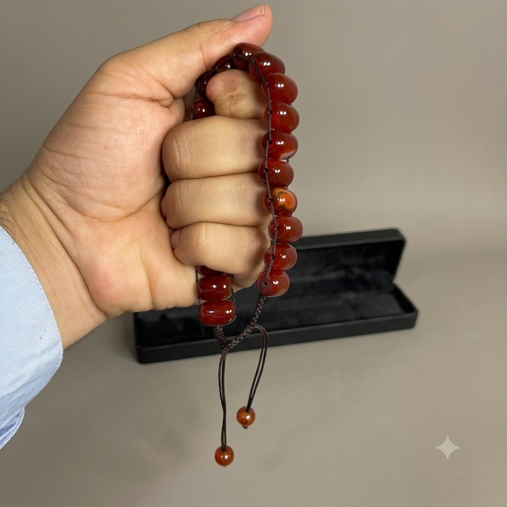 Turkish Round Yamni Red  Aqeeq  Stone Tasbeeh, Natural Original Gem-stone